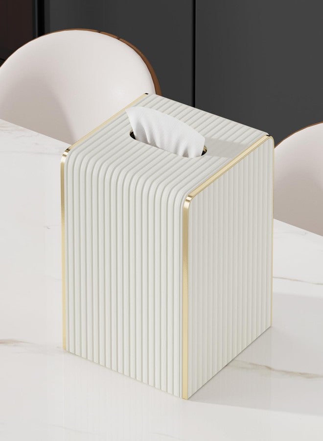 LADSTAG Tissue Box Cover,White Square Leather Tissue Box Holders with Gold-Tone Edging Decoration, Tissue Vessel for Bathroom Toilet Bedroom Living Room Table Desk Office,Modern Home Decor - Image 4