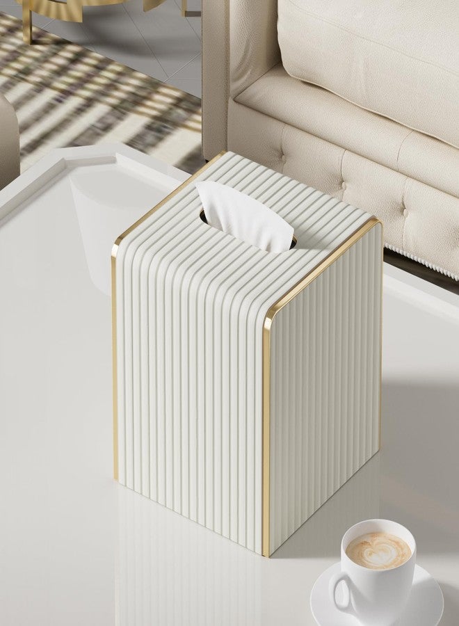LADSTAG Tissue Box Cover,White Square Leather Tissue Box Holders with Gold-Tone Edging Decoration, Tissue Vessel for Bathroom Toilet Bedroom Living Room Table Desk Office,Modern Home Decor - Image 5