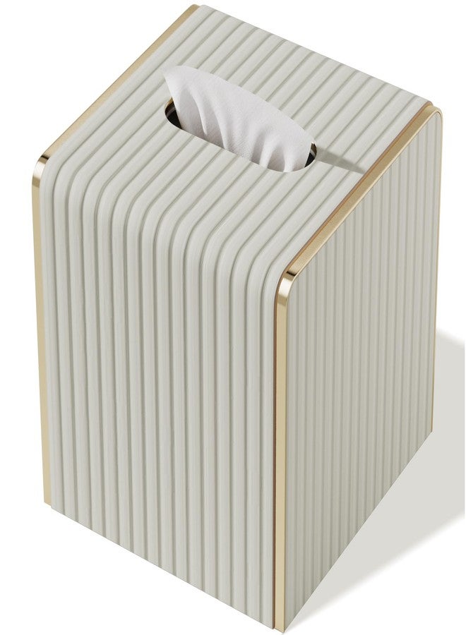 LADSTAG Tissue Box Cover,White Square Leather Tissue Box Holders with Gold-Tone Edging Decoration, Tissue Vessel for Bathroom Toilet Bedroom Living Room Table Desk Office,Modern Home Decor - Image 1