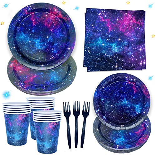 Oigco Space Galaxy Party Supplies Tableware Set Outer Space Theme Birthday Party Decoration Starry Night Solar System Planet Plates Napkins Forks Cups for 24 Guests - Image 1