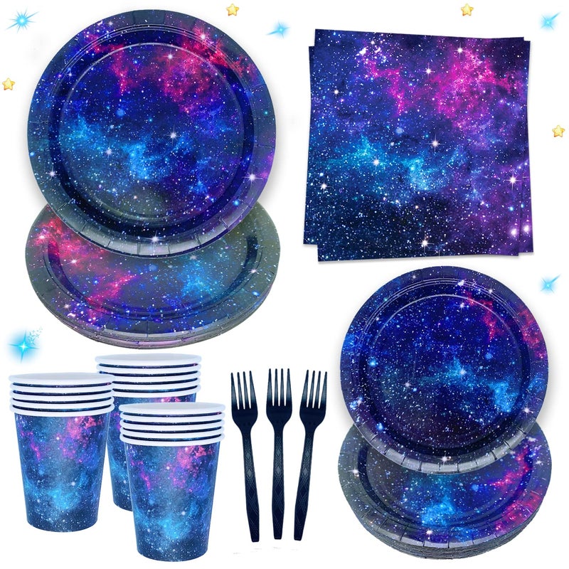 Oigco Space Galaxy Party Supplies Tableware Set Outer Space Theme Birthday Party Decoration Starry Night Solar System Planet Plates Napkins Forks Cups for 24 Guests - Image 2