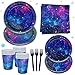 Oigco Space Galaxy Party Supplies Tableware Set Outer Space Theme Birthday Party Decoration Starry Night Solar System Planet Plates Napkins Forks Cups for 24 Guests - Image 3