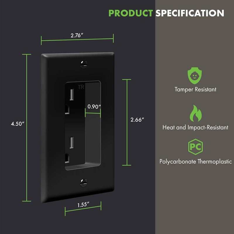 TOPGREENER Recessed Outlet Receptacle, Tamper-Resistant Recessed Power Outlet for Wall Mounted TV, A/V Equipment, Artwork, & More, Standard Size 1-Gang 4.48" x 2.76", 15A 125V, TG15RD31-BK, Black - Image 2
