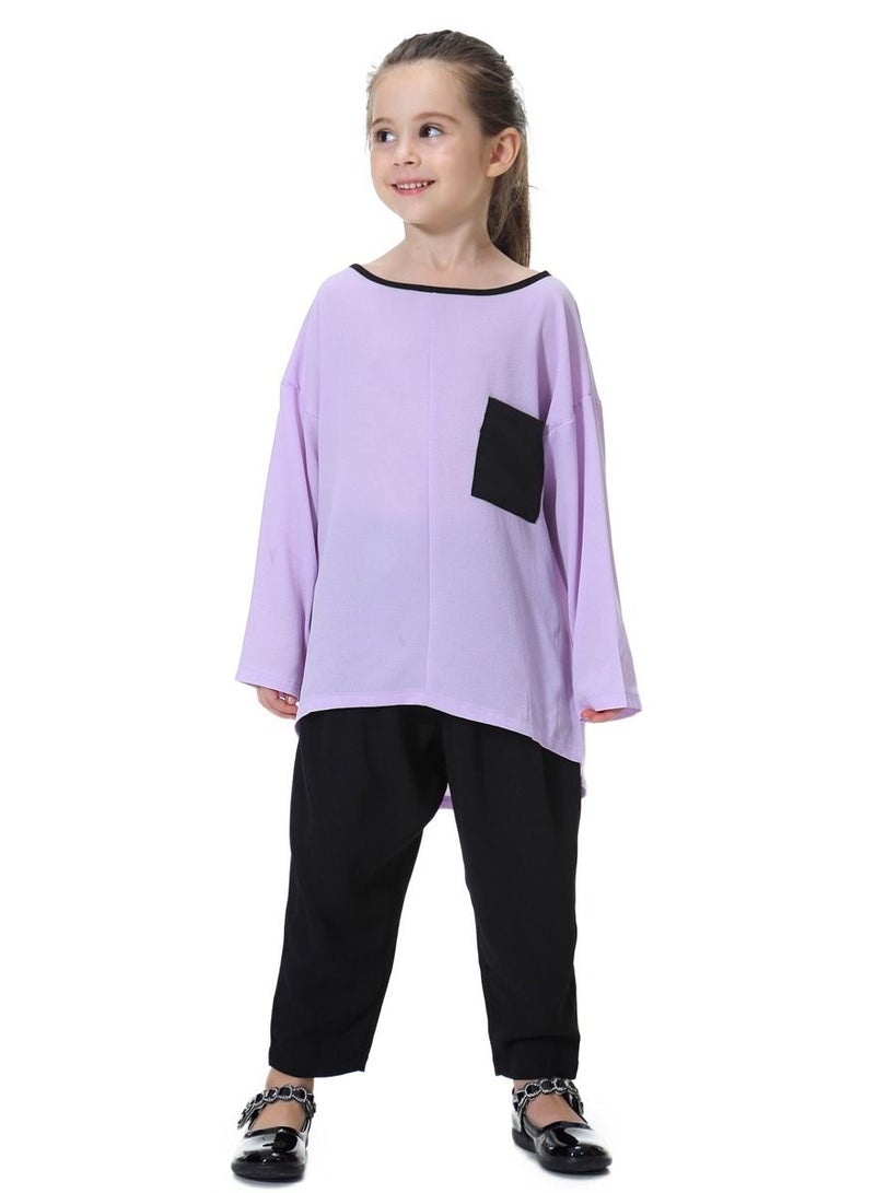 Loquat Girl's 2-Piece Set Outfit Round Neck Top And Loose Harem Pants Suit Purple/Black  - Image 1