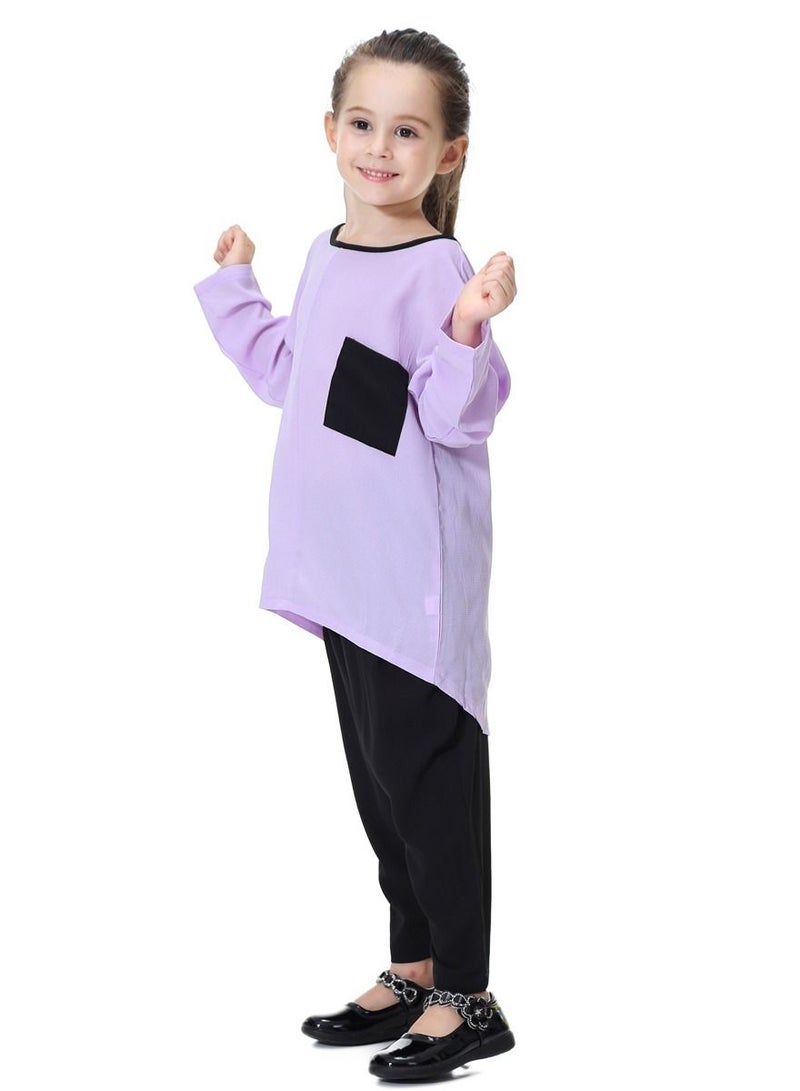 Loquat Girl's 2-Piece Set Outfit Round Neck Top And Loose Harem Pants Suit Purple/Black  - Image 2