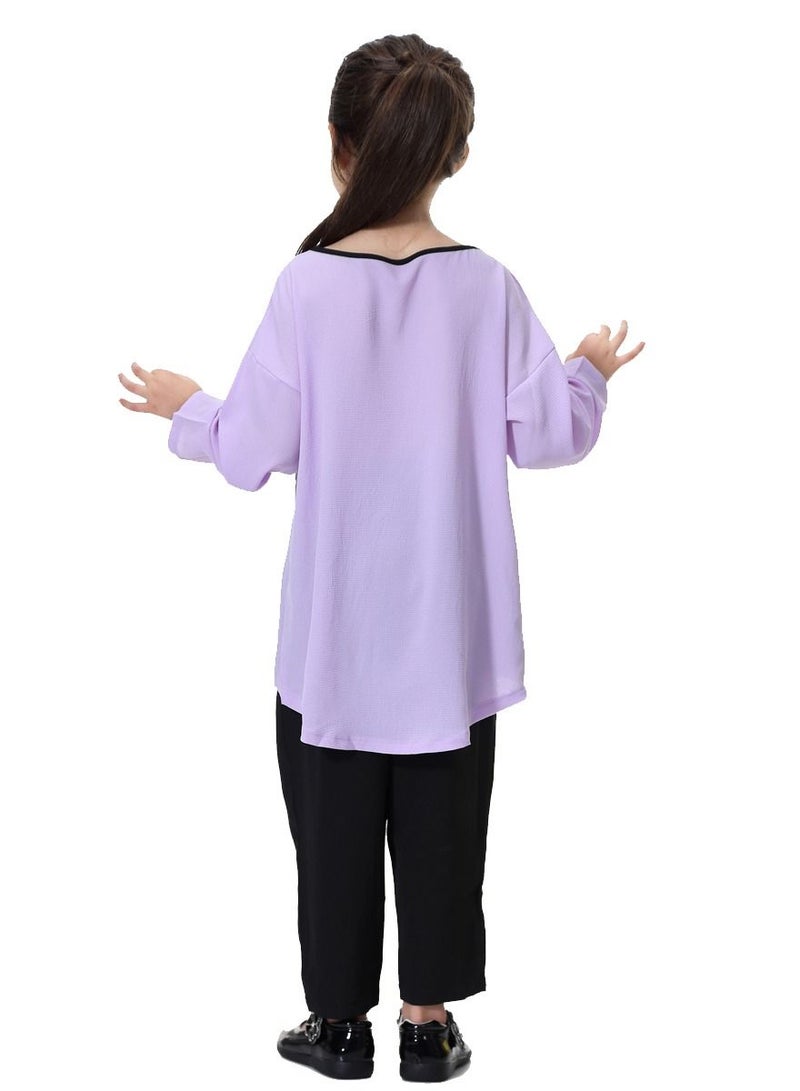 Loquat Girl's 2-Piece Set Outfit Round Neck Top And Loose Harem Pants Suit Purple/Black  - Image 3