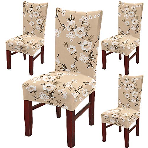 BRIDA Polyester Blend Stretchable Floral Printed Dining Chair Covers (Set of 4, Beige, Standard) - Image 1