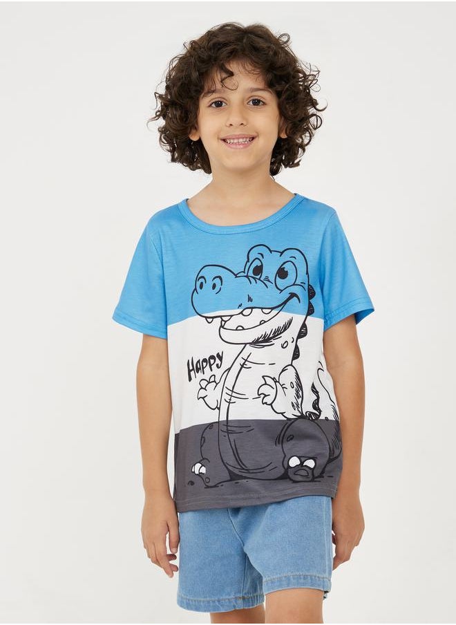 Styli - Dinosaur Print Colorblock T-shirt & Denim Short Set - Image 1