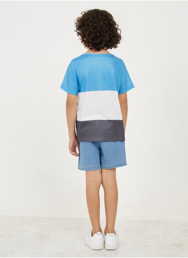Styli - Dinosaur Print Colorblock T-shirt & Denim Short Set - Image 1