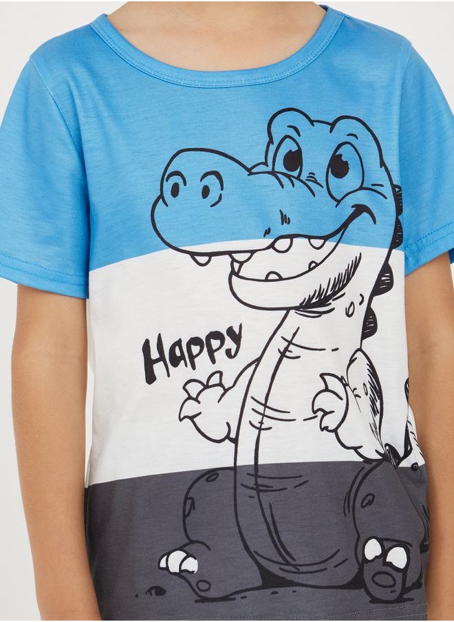 Styli - Dinosaur Print Colorblock T-shirt & Denim Short Set - Image 1