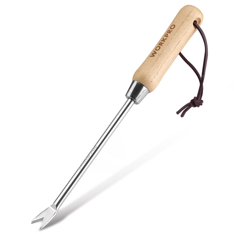 WORKPRO Dandelion Weeder Puller Tool with Wood Handle, Polished Stainless Steel Garden Weed Remover Tool, Two-Pronged Fork Weeder Tool for Lawn Farmland Transplant Gardening Plant Tool - Image 1