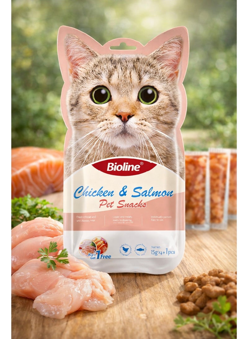 Chicken and Salmon Creamy Liquid Cat Treats 75g (5 Sticks) – Grain-Free Lickable Puree Snacks, High-Protein Healthy Rewards for Kittens and Adult Cats