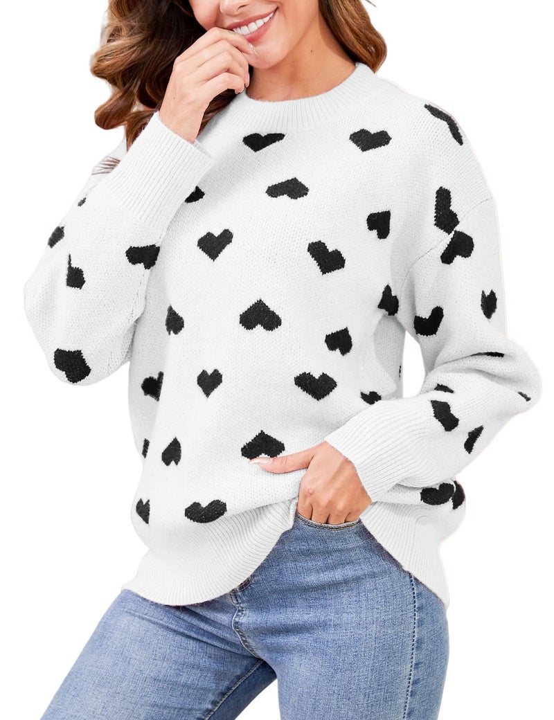Gihuo Heart Sweater for Women Cute Kawaii Casual Crewneck Long Sleeve Knitted Pullover Sweaters(White-M) - Image 1