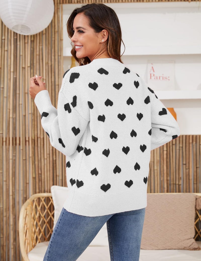 Gihuo Heart Sweater for Women Cute Kawaii Casual Crewneck Long Sleeve Knitted Pullover Sweaters(White-M) - Image 3