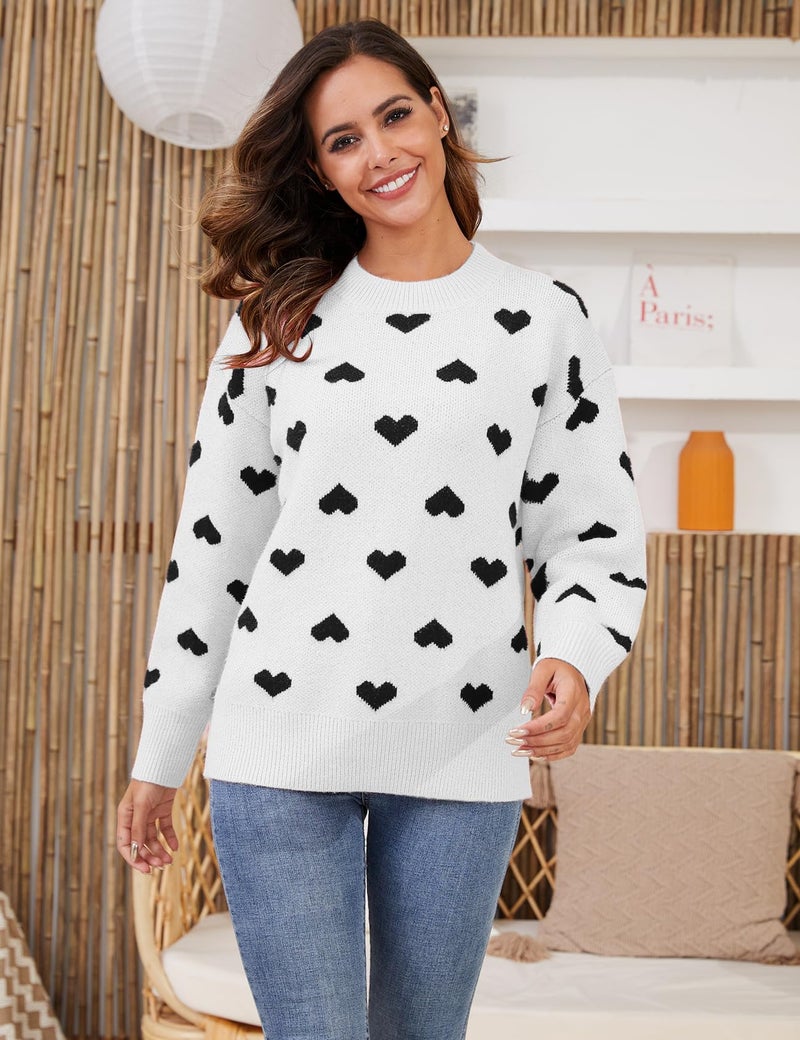 Gihuo Heart Sweater for Women Cute Kawaii Casual Crewneck Long Sleeve Knitted Pullover Sweaters(White-M) - Image 2