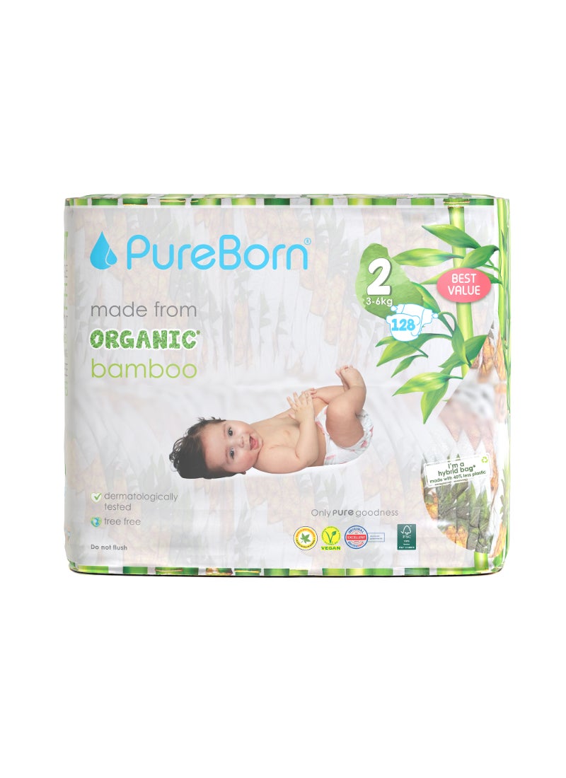PureBorn Organic Diapers Size-2 3-6kg Master Value Pack Pineapple Print 128 Diapers  - Image 1