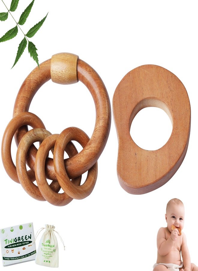 TINIGREEN Neem Wooden Baby Teether Natural Neem Wood Teething Toy for Infants 3–12 Months Chemical-Free, Handcrafted Baby Teether (Pack of 2) (Mango-Rattle) - Image 1