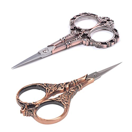 BIHRTC 2 Pairs Sewing Scissors Vintage European Style Flower Pattern Needlework Embroidery Stainless Steel Craft Tailor Scissors (Copper+Copper) - Image 1