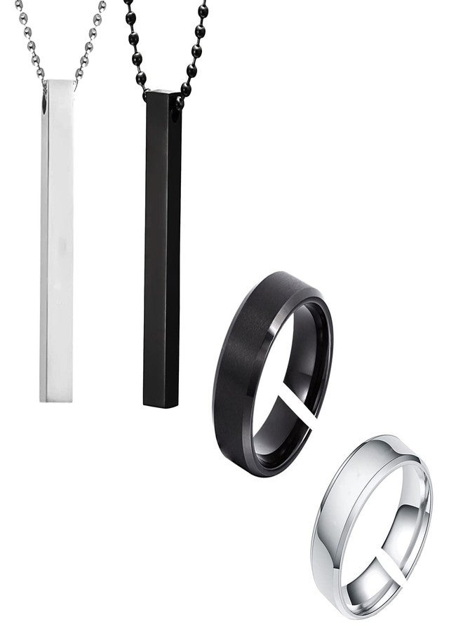 Okos Men's Fashion Jewellery Combo of 2 Rhodium Pated and Soild Black Polish Bar/Cuboid Pendant Necklace with 2 Adjustable Finger Rings For Boys and Men PD1000875BAR - Image 1