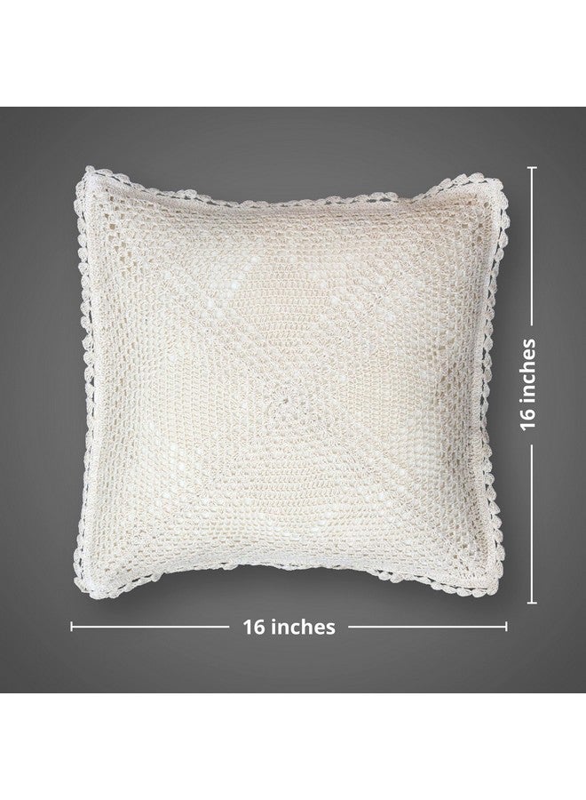 Peepul Tree Handmade Crochet Cotton Cushion Pillow Cover Boho Home Decor Quad Pattern for Sofa Set Bed Living Room Bedroom with Back Zipper 16 x 16 Inches Off White Color Pack of 2 - Image 5