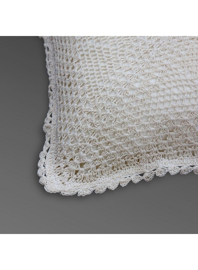 Peepul Tree Handmade Crochet Cotton Cushion Pillow Cover Boho Home Decor Quad Pattern for Sofa Set Bed Living Room Bedroom with Back Zipper 16 x 16 Inches Off White Color Pack of 2 - Image 2