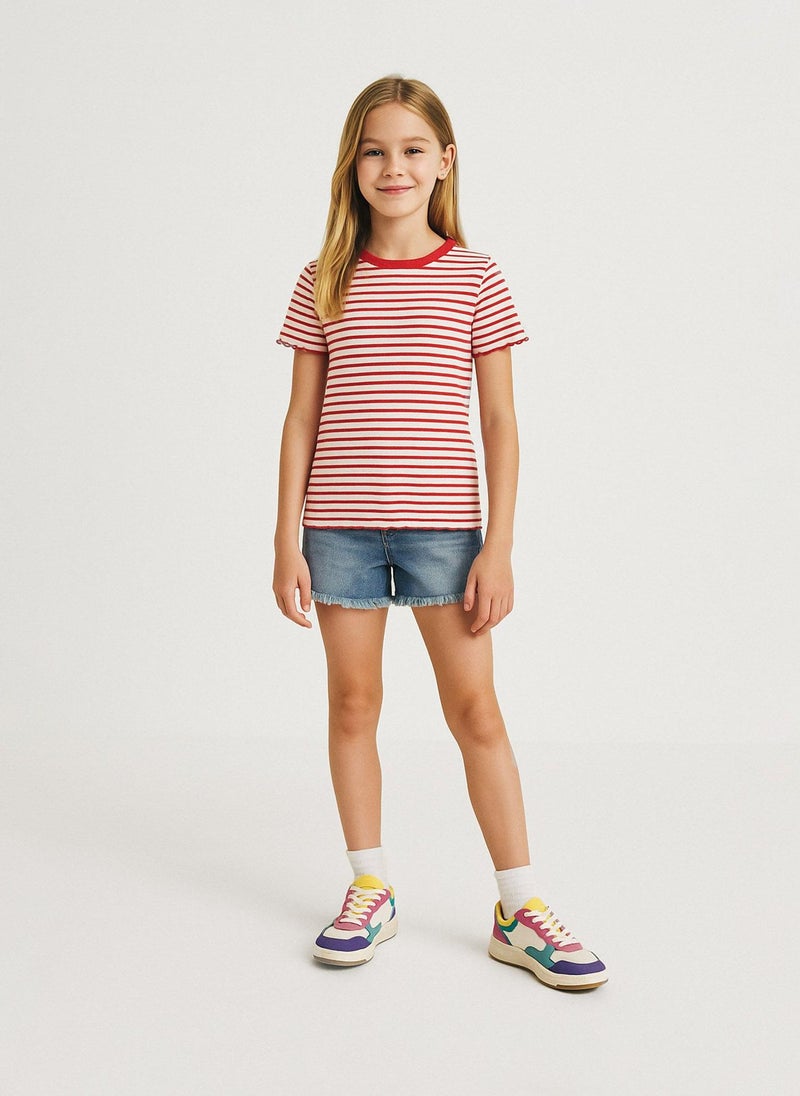 مينوتي تيشيرت مضلع للمراهقات بقصة ضيقة - Image 1