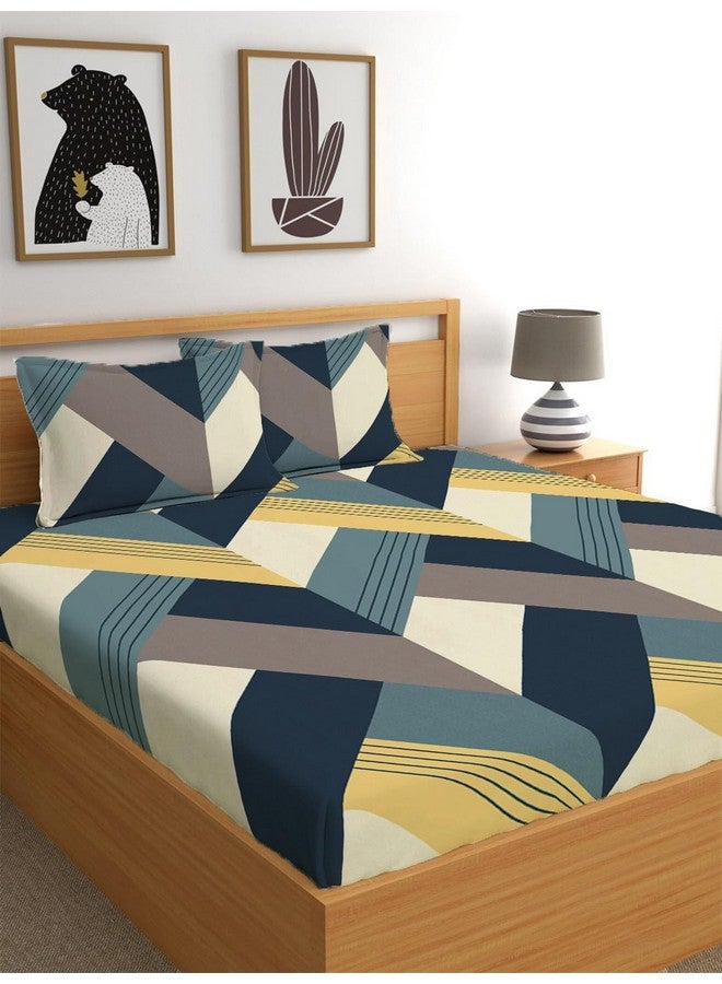 LOOMLYFE 300 TC Cotton Feel Glace Cotton Elastic Fitted Printed Queen Size Double Bed Bedsheet with 2 Pillow Covers Fits Upto 8 inches,Size- 60x78x10 Inches, BlueArrow - Image 1