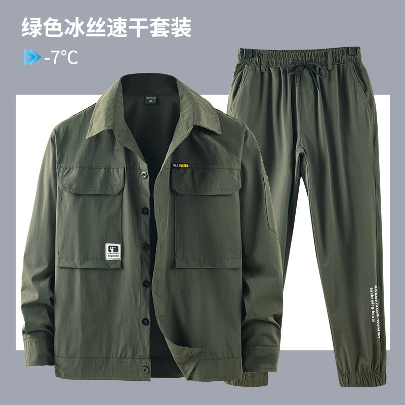 Summer Ice Silk Quick-drying Elastic Work Clothes Mens Casual Outdoor Workshop Breathable Lightweight Wear-resistant Work Clothing Green