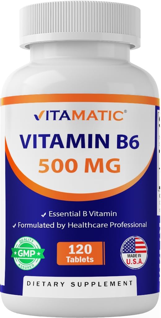 Vitamatic Vitamin B6 Pyridoxine HCI 500 mg  120 Vegetarian Tablets Promotes Energy Production Boosts Metabolism  Immune Health Support - Image 1