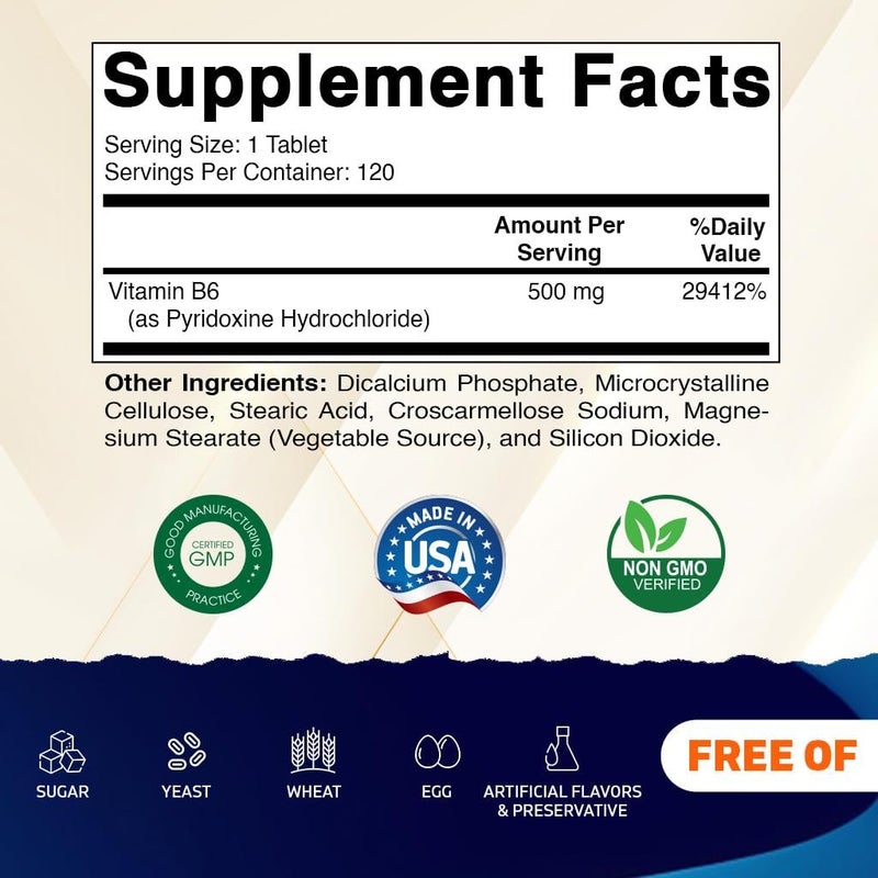 Vitamatic Vitamin B6 Pyridoxine HCI 500 mg  120 Vegetarian Tablets Promotes Energy Production Boosts Metabolism  Immune Health Support - Image 2