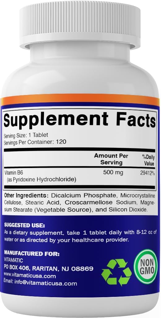 Vitamatic Vitamin B6 Pyridoxine HCI 500 mg  120 Vegetarian Tablets Promotes Energy Production Boosts Metabolism  Immune Health Support - Image 4