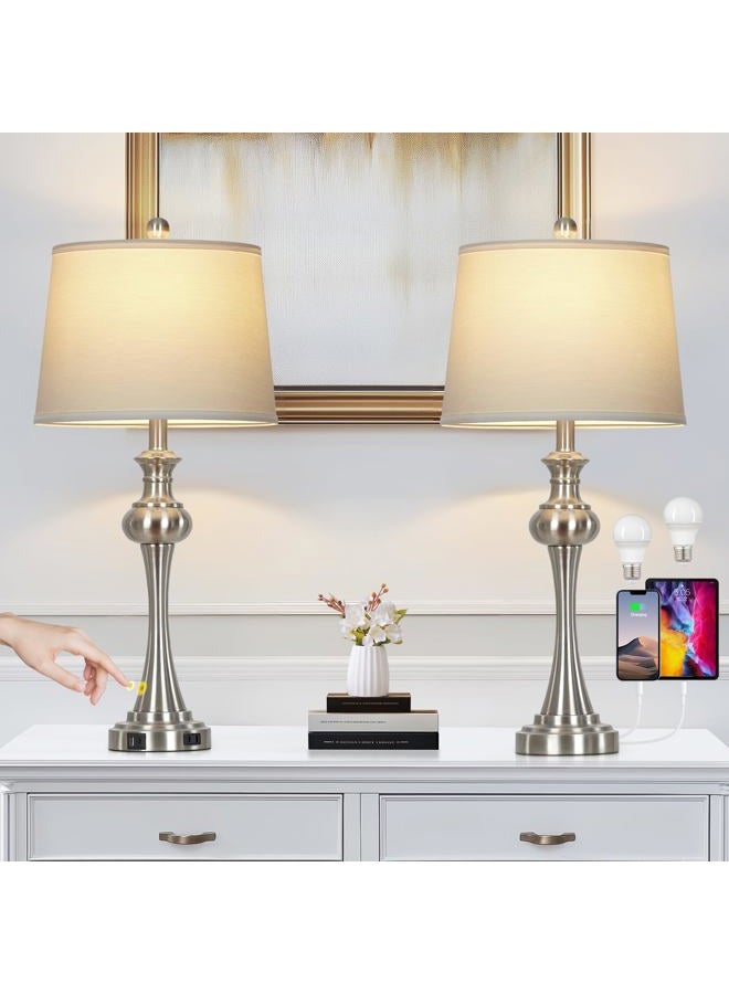 CINSARY 28.75" Silver Table Lampshades, 3 Way Touch Control, For Living Room, A+C Usb Ports And Sockets, Modern Headboard, Elegant Metal Office Bedroom Decoration - Image 2