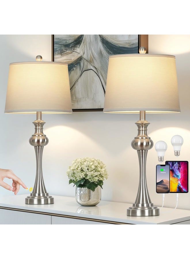 CINSARY 28.75" Silver Table Lampshades, 3 Way Touch Control, For Living Room, A+C Usb Ports And Sockets, Modern Headboard, Elegant Metal Office Bedroom Decoration - Image 1