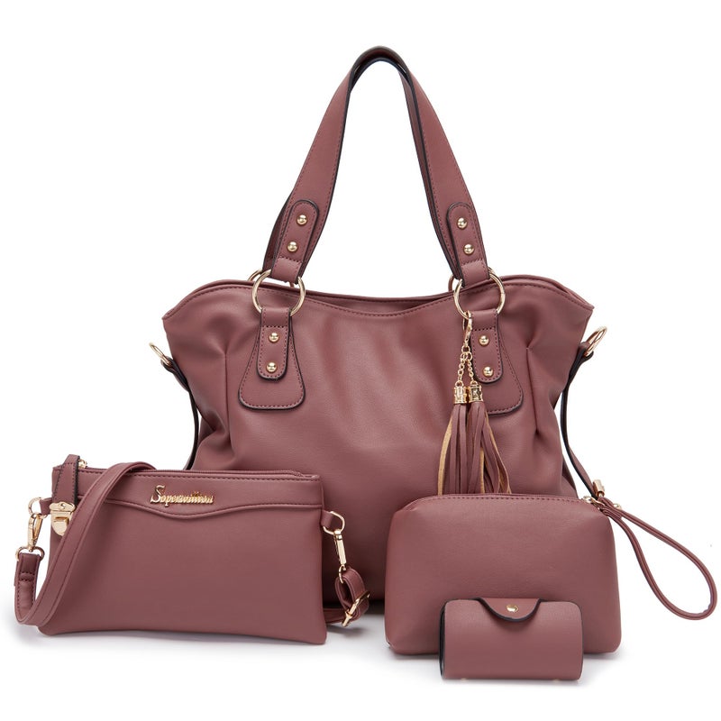 Soperwillton Fashion Handbag for Women Shoulder Bag Top Handle Satchel Hobo Tote Bag Purse Set 4pcs