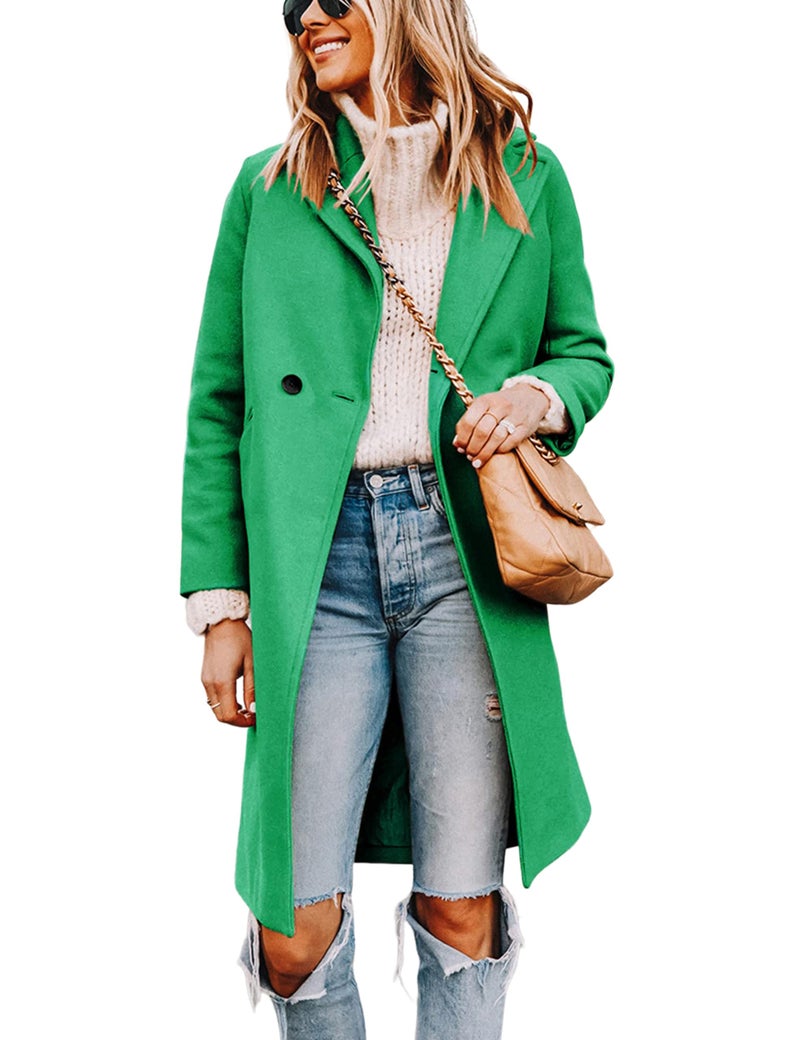 Tanming Women's Notch Lapel Double Breasted Wool Blend Mid Long Pea Trench Coat (Green, Large) - Image 1