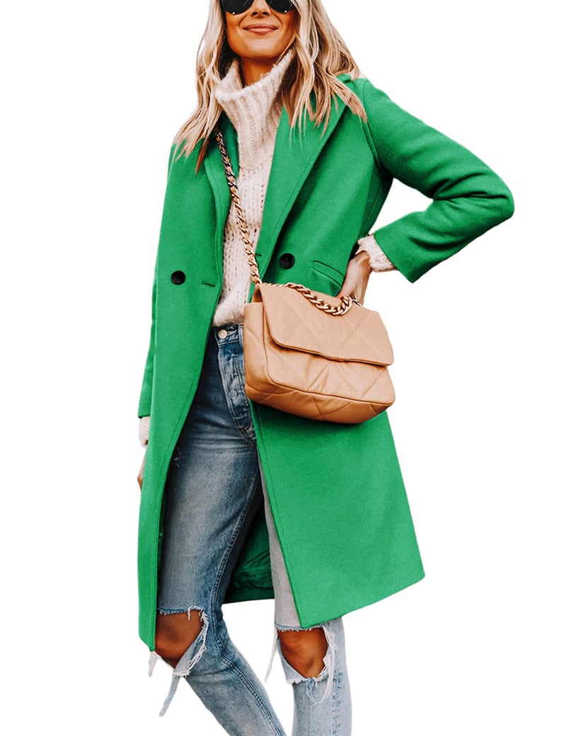 Tanming Women's Notch Lapel Double Breasted Wool Blend Mid Long Pea Trench Coat (Green, Large) - Image 2