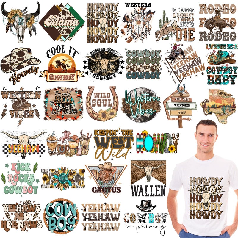 Yuntau 30 Pcs Western Iron On Transfer Patches Iron On Vinyl Decals for Jeans Western DTF Heat Transfer Vinyl Stickers DIY Appliques for Clothing T Shirt Pillow Hat(Western Cowboy) - Image 1