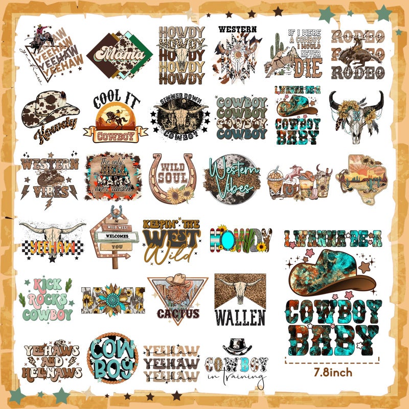 Yuntau 30 Pcs Western Iron On Transfer Patches Iron On Vinyl Decals for Jeans Western DTF Heat Transfer Vinyl Stickers DIY Appliques for Clothing T Shirt Pillow Hat(Western Cowboy) - Image 3
