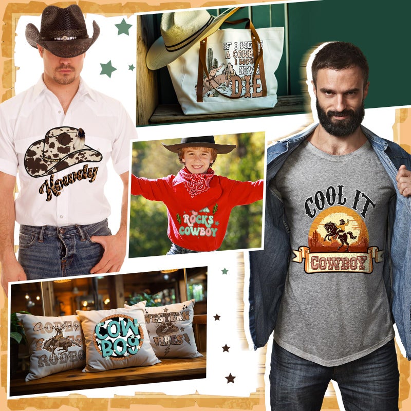 Yuntau 30 Pcs Western Iron On Transfer Patches Iron On Vinyl Decals for Jeans Western DTF Heat Transfer Vinyl Stickers DIY Appliques for Clothing T Shirt Pillow Hat(Western Cowboy) - Image 4