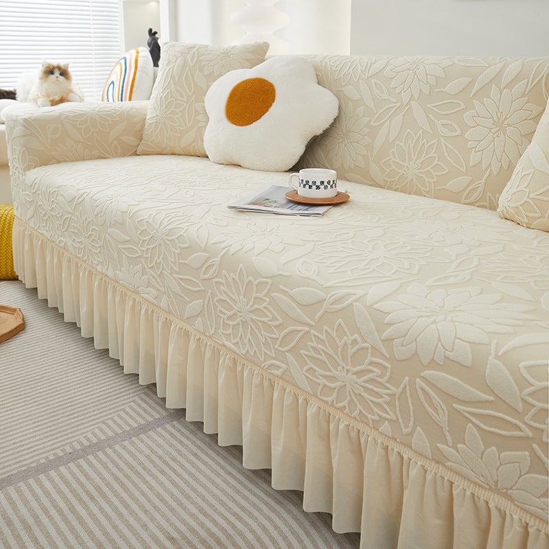 غطاء كنبة من المخمل الجاكار بنقشة الكاميليا مع تنورة، تغطية كاملة تناسب الأرائك المستقيمة والمجمعة، نمط مينيمالي - مجموعة ربيع 2026 - Image 2