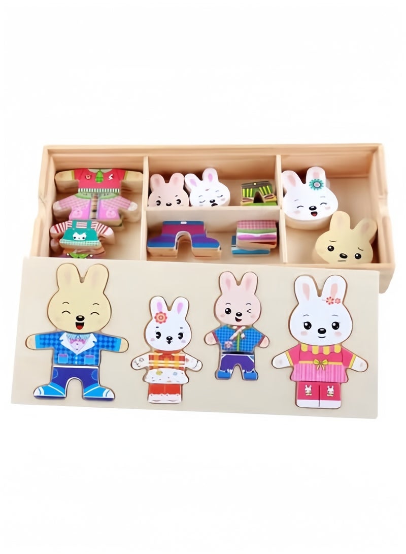 Four Rabbits Change Clothes Dress Up Wooden Puzzle Children's Educational Early Education Toy - Image 1