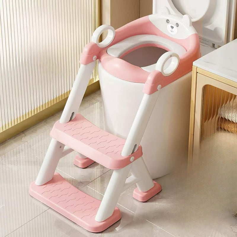 PandaEar Toilet Potty Training Seat with Step Stool Ladder, Comfortable Safe Potty Seat with Anti-Slip Pads Ladder & Bear Design for Kids Boys Toddlers -Pink - Image 1