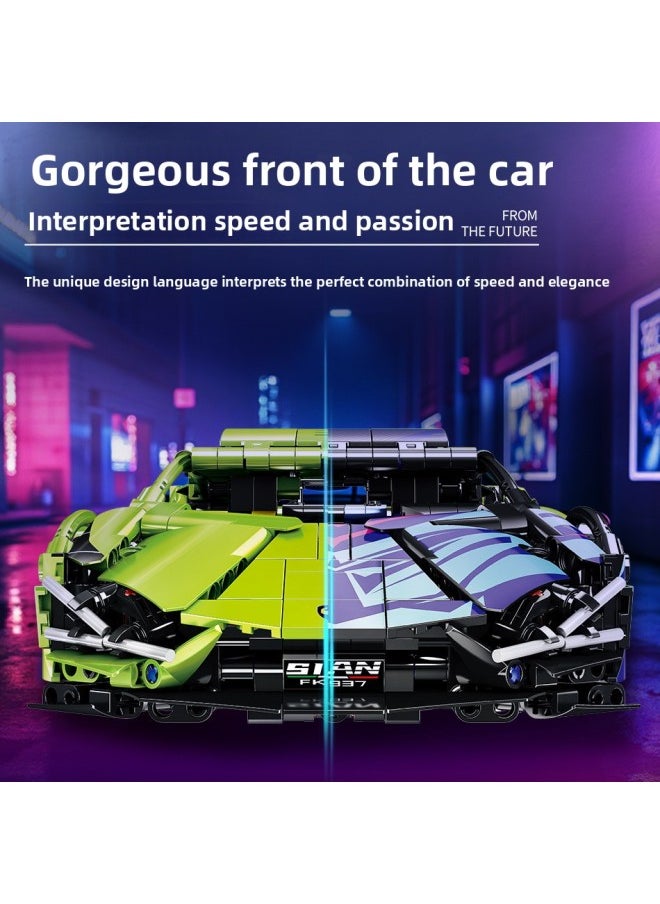 Generic - Cyberpunk Lamborgan Green Cow Building Blocks Black Samurai V12 Remote Control Car Boy Assembled Toy Car-Color:Container Version Green Lamborghini + Dynamic + Display Box - Image 1