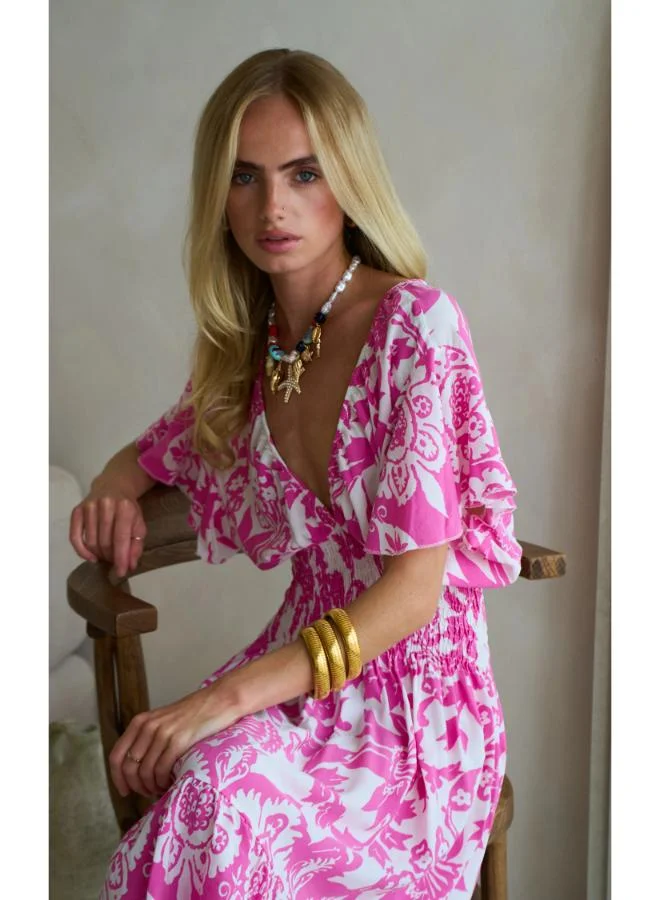 Hoxton Gal Pink Floral Mini Dress – V‐Neck, Short Ruffle Sleeves & Shirred Waist