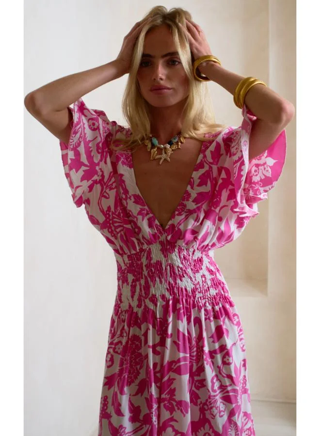 Hoxton Gal Pink Floral Mini Dress – V‐Neck, Short Ruffle Sleeves & Shirred Waist