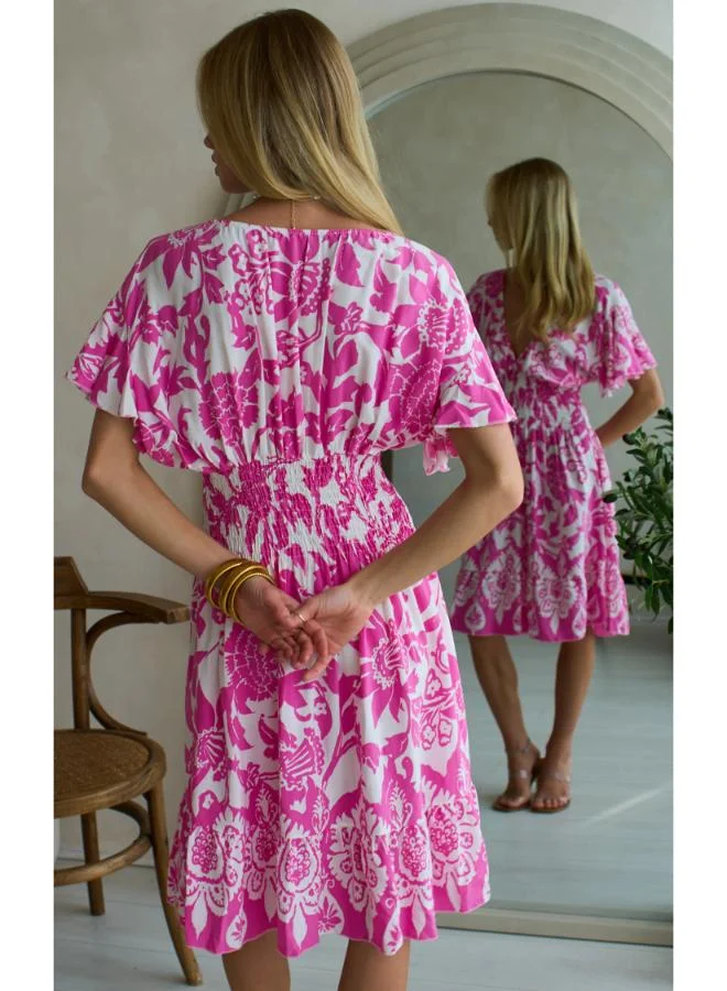 Hoxton Gal Pink Floral Mini Dress – V‐Neck, Short Ruffle Sleeves & Shirred Waist