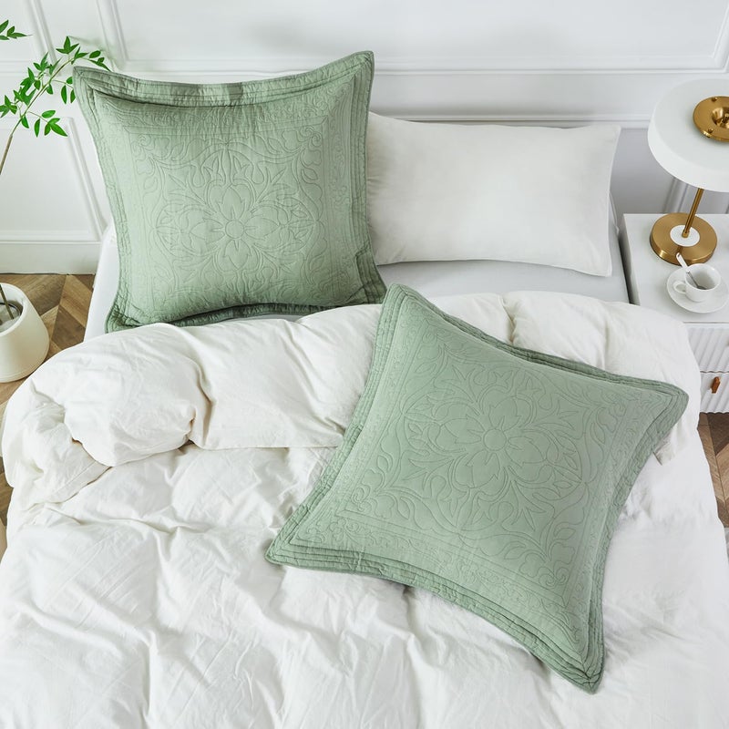 WINLIFE WINLIFE 100% Cotton Quilted Euro Sham Covers  2 Pack Cotton 26 ' ' x 26 ' ' Pillow Covers  Soft and Breathable Euro Shams  Square Pillow Shams  Sage Green  - Image 2