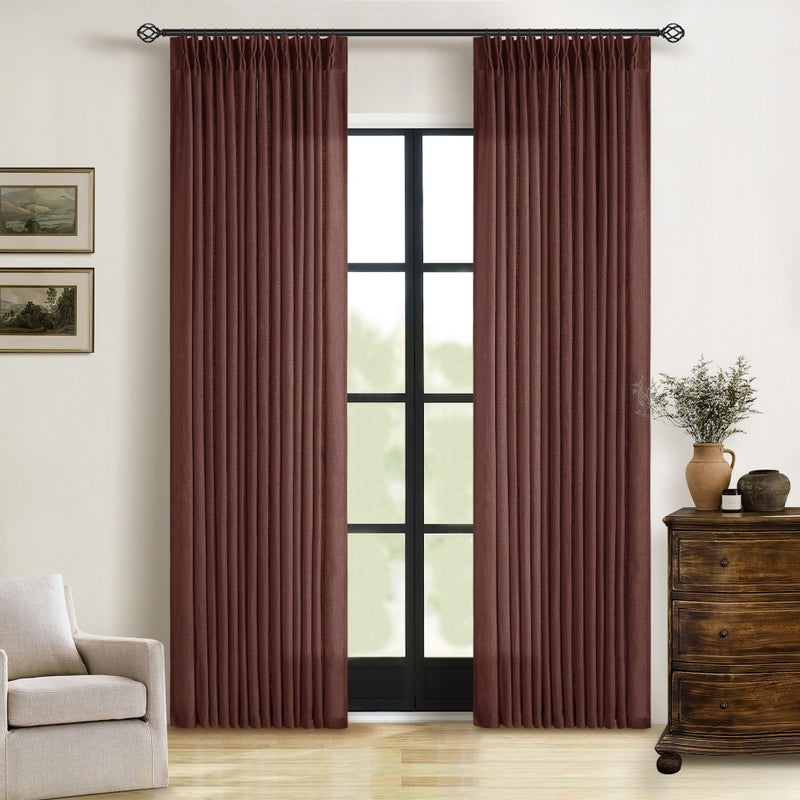TWODRAPES Chestnut Brown 84 Inch Pinch Pleated Linen Curtains 2 Panel Set for Living Room Thick Linen Textured Drapes 84 Inches Long Pinch Pleat Drapes Semi Sheer Curtain for Dining Bedroom Office Rust Maroon - Image 1