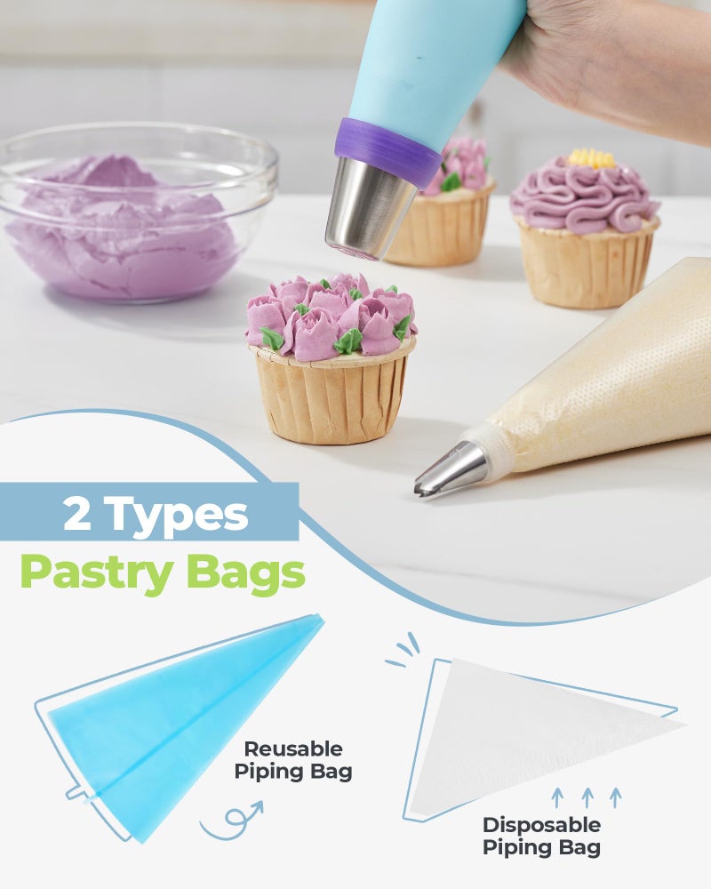 Kootek 48Pcs Russian Piping Tips Set, Piping Bags and Tips Set with 12 Russian Tips, 2 Icing Tips, 30+1 Pastry Bags, 3 Couplers for Cake Decorating, Cupcake, Cookie, Baking - Image 3