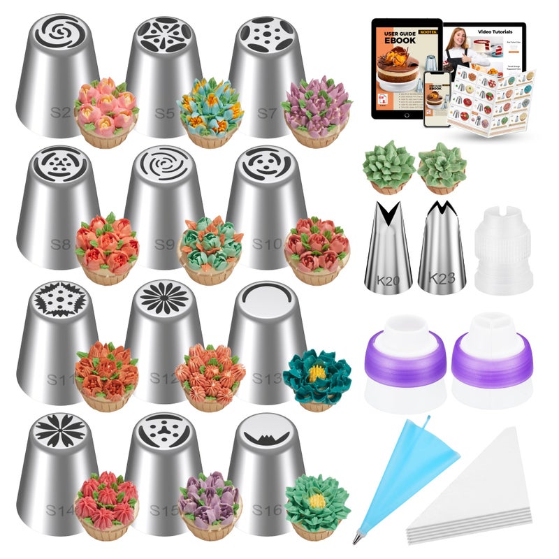 Kootek 48Pcs Russian Piping Tips Set, Piping Bags and Tips Set with 12 Russian Tips, 2 Icing Tips, 30+1 Pastry Bags, 3 Couplers for Cake Decorating, Cupcake, Cookie, Baking - Image 1